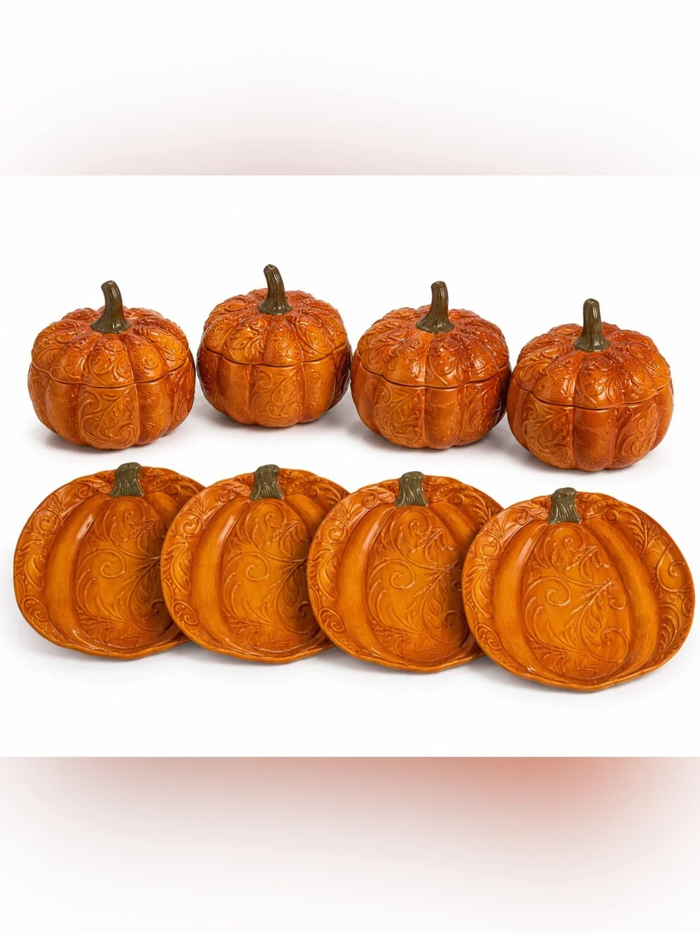 Pier 1 Pumpkin Dinnerware Set for 4 | 4 Pumpkin Soup Tureens w/ Lids + 4 Plate
